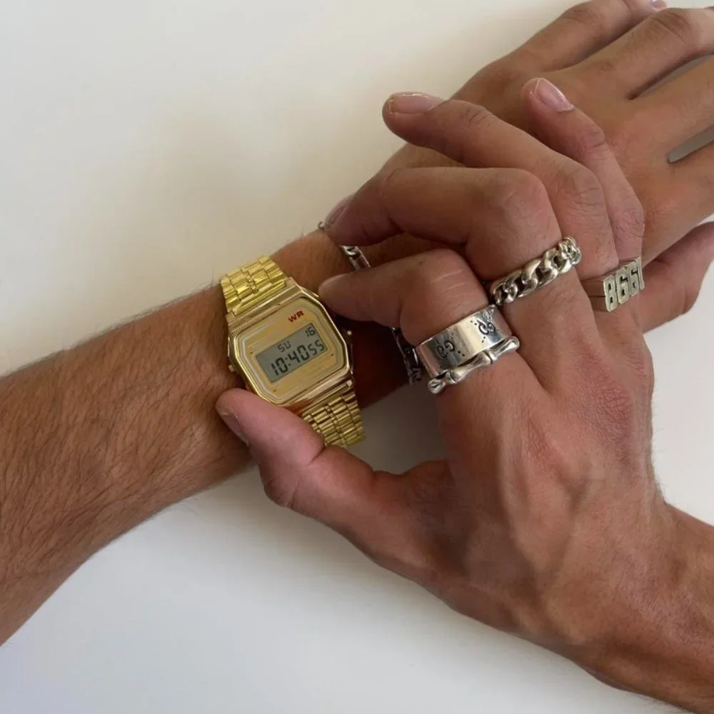 Y2K 2000s vintage retro gold stainless steel digital watch